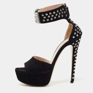 Miu Miu Black Suede Studded Ankle Strap Platform Sandals Size 38