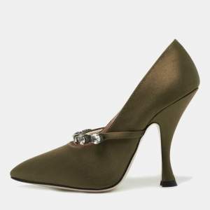 Miu Miu Olive Green Satin Crystal Embellished Mary Jane Pointed Toe Pumps Size 36.5