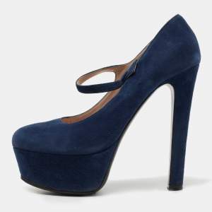Miu Miu Navy Blue Suede Platform Mary Jane Pumps Size 37