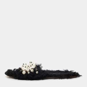 Miu Miu Black Fur Pearl Embellished Flat Slides Size 39
