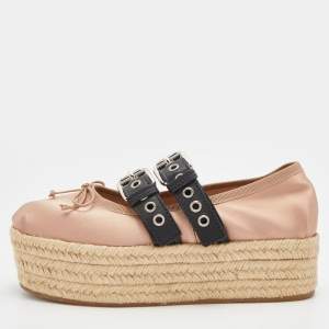 Miu Miu Beige/Black Satin and Leather Ballet Espadrille Platform Flats Size 36