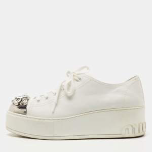 Miu Miu White Leather Crystal Embellished Cap Toe Platform Sneakers Size 37.5