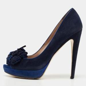 Miu Miu Blue Suede Peep Toe Platform Pumps Size 37.5