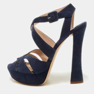 Miu Miu Navy Blue Suede Strappy Platform Sandals Size 39