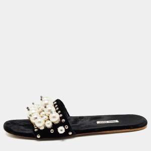 Miu Miu Black Velvet Faux Pearl Embellished Flat Slides Size 39