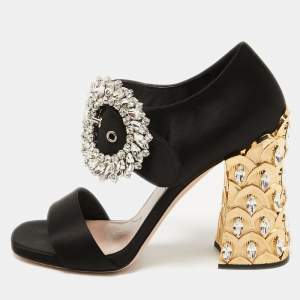 Miu Miu Black Satin Crystal Embellished Heel Sandals Size 38
