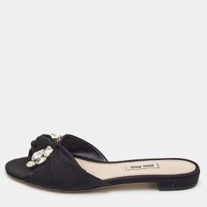Miu Miu Black Satin Crystal Embellished Knotted Flat Slides Size 38 