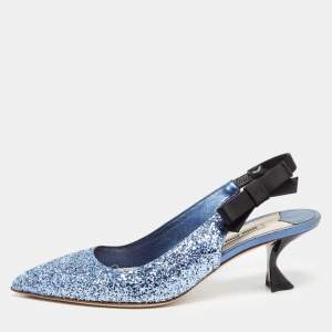 Miu Miu Blue Coarse Glitter Bow Slingback Pumps Size 38