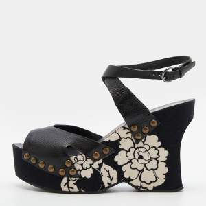 Miu Miu Black Leather Wedge Platform Ankle Strap Sandals Size 39