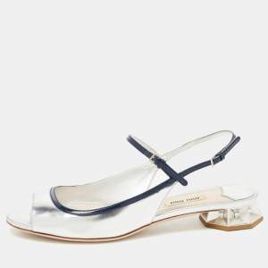Miu Miu Silver/Navy Blue Leather Slingback Sandals Size 38.5