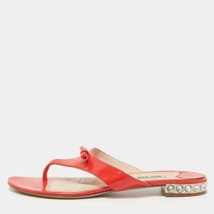 Miu Miu Red Patent Leather Bow Crystal Embellished Thong Flats Size 40