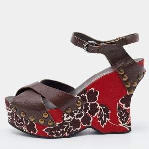Miu Miu Brown Leather Wedge Platform Ankle Strap Sandals Size 38