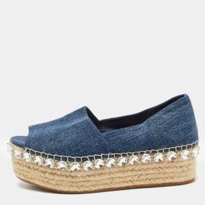 Miu Miu Blue Denim Crystal Embellished Platform Peep Toe Espadrilles Size 35