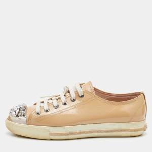 Miu Miu Beige Patent Leather Crystal Embellished Cap Toe Sneakers Size 38.5