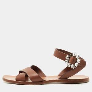 Miu Miu Brown Leather Ankle Strap Flat Sandals Size 38.5