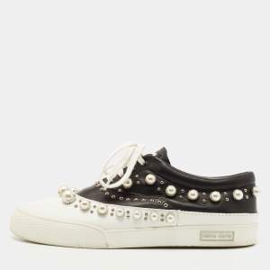 Miu Miu White/Black Leather Studded Lace Up Sneakers Size 41