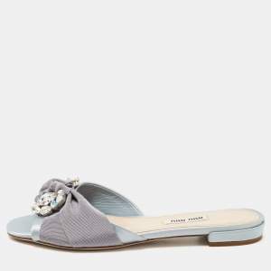 Miu Miu Grey Satin Crystal Embellished Flat Slides Size 36  