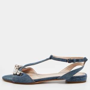 Miu Miu Blue Denim Crystal Embellished Ankle Strap Flats Size 35.5