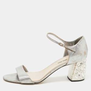 Miu Miu Silver Leather Crystal Heel Ankle Strap Sandals Size 40.5