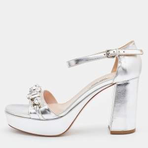 Miu Miu Metallic Silver Leather Crystal Embellished Block Heel Ankle Strap Platform Sandals Size 40