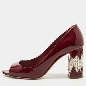 Miu Miu Red Patent Leather Peep Toe Embellished Block Heel Pumps Size 36.5