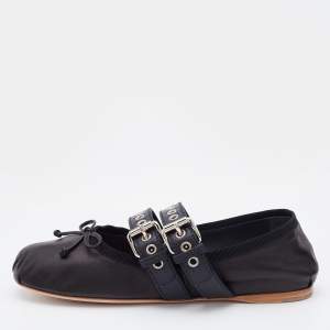 Miu Miu Black Leather Double Buckle Lace Up Ballet Flats Size 38