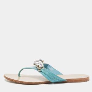 Miu Miu Blue Patent Leather Crystal Embellished Thong Flats Size 38