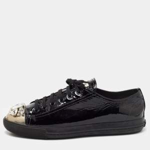 Miu Miu Black Patent Leather Crystal Embellished Cap Toe Low Top Sneakers Size 41