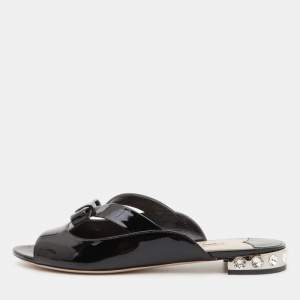 Miu Miu Black Patent Leather Crystal Embellished Flat Slides Size 40