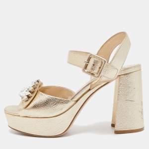 Miu Miu Gold Leather Crystal Embellished Ankle Strap Platform Sandals Size 36.5