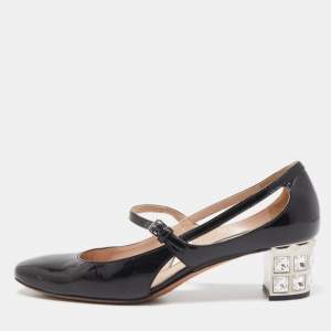 Miu Miu Black Patent Leather Crystal Embellished Heel Mary Jane Pumps Size 38.5