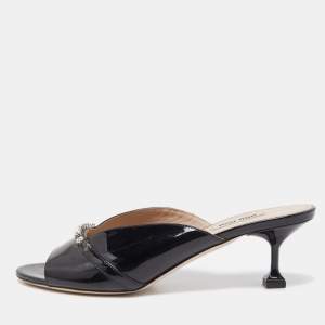 Miu Miu Black Patent Leather Crystal Embellished Open Toe Mules Size 39