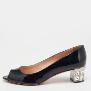 Miu Miu Black Patent Leather Crystal Embellished Block Heel Peep Toe Pumps Size 37