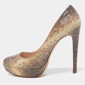 Miu Miu Cream/Brown Snakeskin Embossed Leather Platform Pumps Size 37