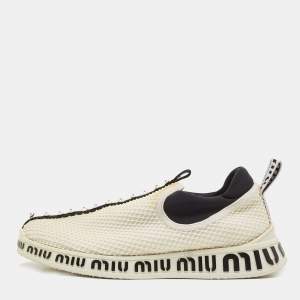 Miu Miu Cream Mesh Crystal Embellished Slip On Sneakers Size 37.5