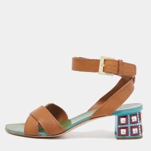 Miu Miu Brown Leather Crystal Embellished Heel Ankle Strap Sandals Size 36