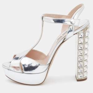 Miu Miu Metallic Silver Patent Leather Crystal Embellished Block Heel Sandals Size 38.5
