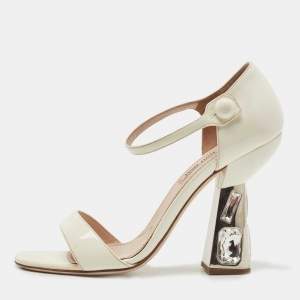 Miu Miu White Patent Leather Crystal Embellished Heel Ankle Strap Sandals Size 38