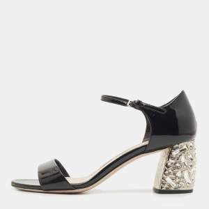 Miu Miu Black Patent Leather Crystal Embellished Block Heel Ankle Strap Sandals Size 37.5