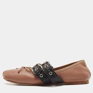 Miu Miu Brown Leather Buckle Detail Bow Ballet Flats Size 39
