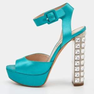 Miu Miu Green Satin Crystal Embellished Block Heel Ankle Strap Sandals Size 37