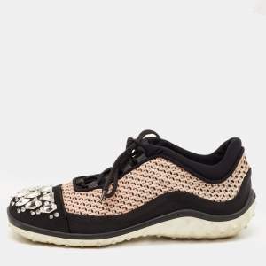 Miu Miu Black/Pink Neoprene and Mesh Crystal Embellished Low Top Sneakers Size 40