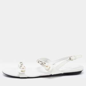 Miu Miu White Patent Leather Chain and Pearl Embellished Flat Sandals Size 40