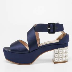 Miu Miu Navy Blue Satin Crystal Embellished Block Sandals Size 37