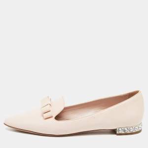 Miu Miu Light Pink Patent Leather Bow Crystal Embellished Smoking Slippers Size 36