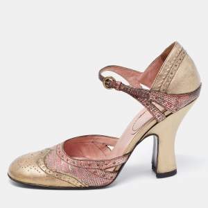 Miu Miu Metallic Two Tone Brogue Leather and Embossed Lizard Pumps Size 37.5