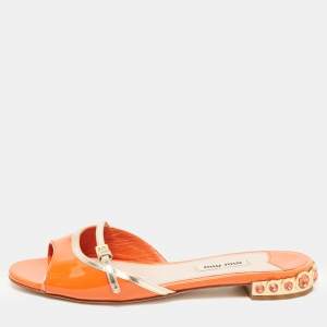 Miu Miu Orange/Gold Patent Leather Crystal Stud Flat Slides Size 36