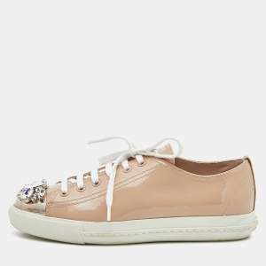 Miu Miu Beige Leather Crystal Embellished Cap Toe Sneakers  Size 37.5