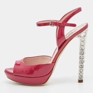 Miu Miu Pink Patent Leather Crystal Embellished Heel Platform Sandals Size 37.5