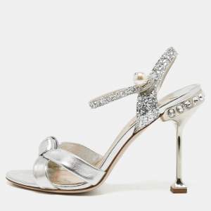 Miu Miu Metallic Silver Leather Crystal and Pearl Embellished Ankle Strap Platform Sandals Size Size 39